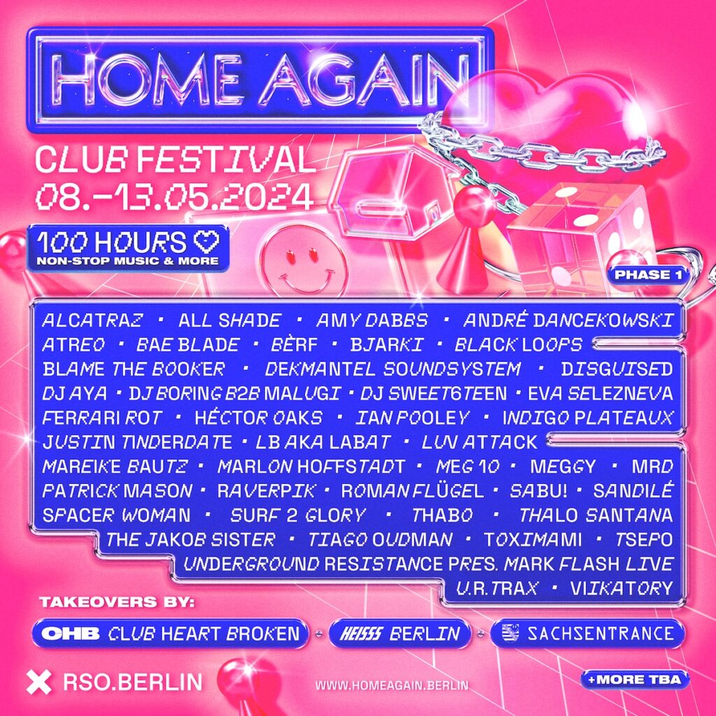 L’etichetta discografica berlinese Home Again annuncia il ritorno di Home Again Club Festival, in programma da mercoledì 8 maggio a lunedì 13 maggio 2024 